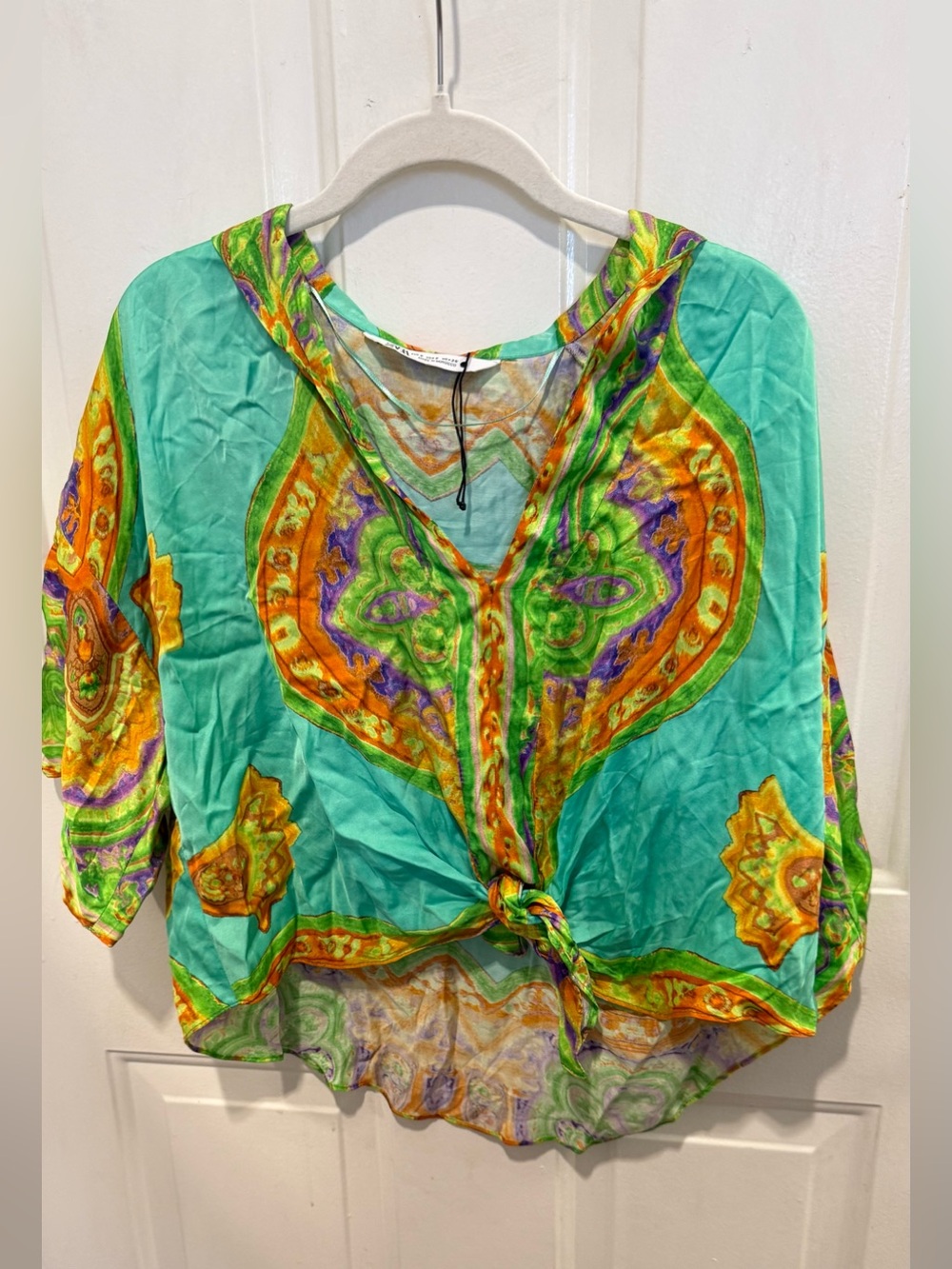 Zara satin Light Teal Boho Tie-Front Women's Top small
